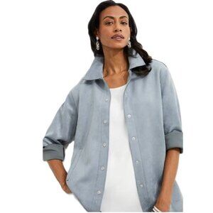 Marla Wynne Faux Suede 3X Dusty Blue Gray Shirt Jacket Layers Stretch Shacket